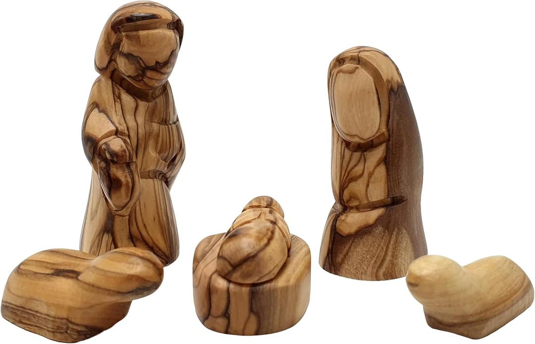 Zuluf Small Olive Wood Holy Family Figurines  Hand-Carved Nativity Set Scene with Joseph, Mary & Baby Jesus  Wooden Christmas Tree Decor for Catholic Indoor Display  HOF035