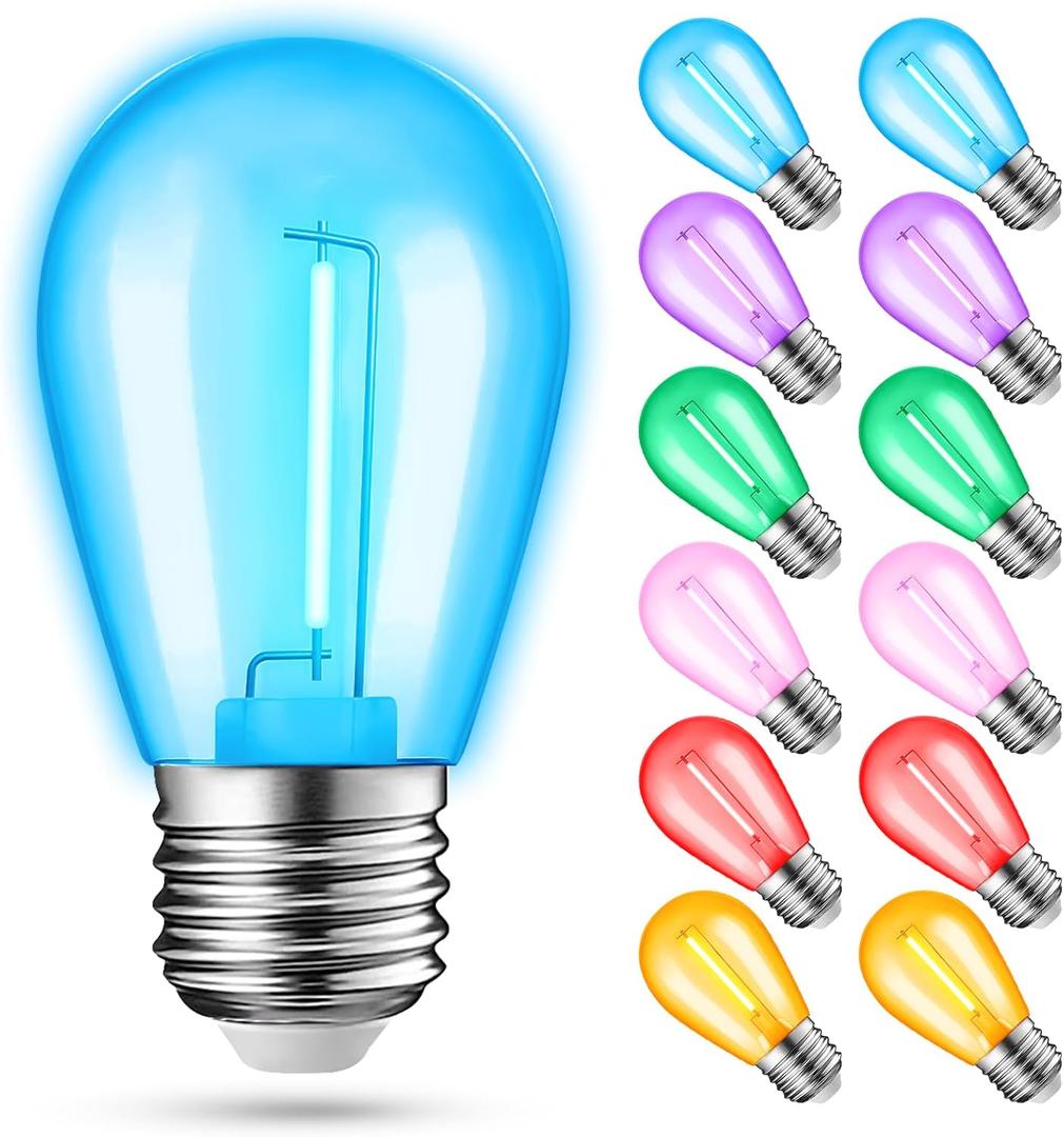 JAHEKS 12-Pack Colored String Light Bulbs, Patio String Light Replacement Bulbs for Outdoor Indoor, 1W E26 Base S14 LED Color Light Bulbs for Christmas Halloween, Holiday, Home Decor
