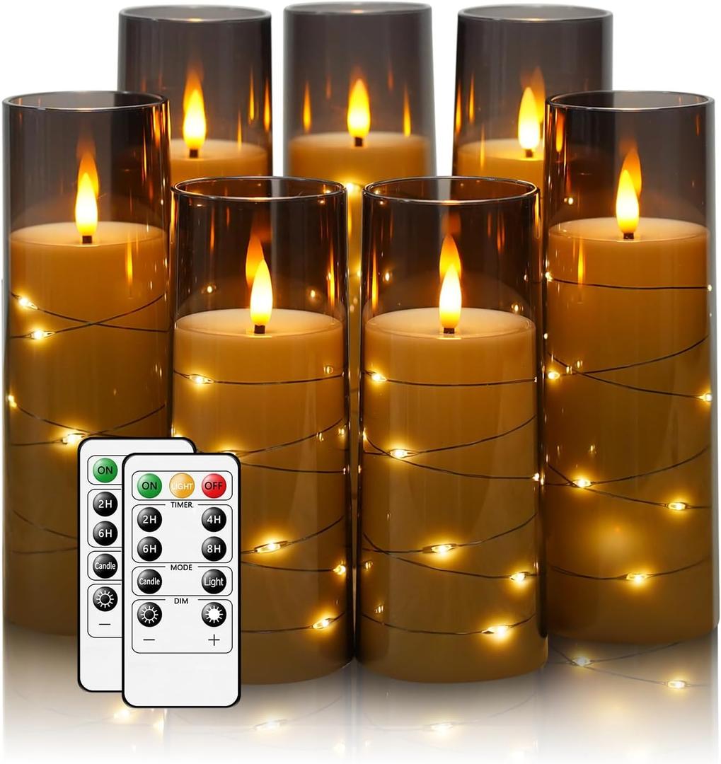Flameless Candles,with Embedded Star String, Battery Operated Candles Flickering LED Pillar Candles with Remote Control and Timer, Home Decoration Add a Warm and Romantic AtmosphereSet of 7 (Grey)