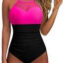 SUUKSESS Women Tummy Control One Piece Swimsuit Sexy Mesh High Neck Bathing Suit Large