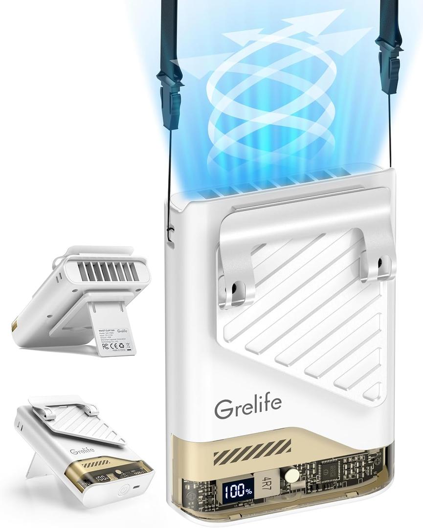 Grelife 2025 AI Portable Waist Fan Rechargeable with LED Display & 40H Runtime,5 Speed 10000RPM Cooling Personal Clip Fan,33ft/s Wind Speed Neck fan for Outdoor Work,Camping,Farm,Jobsite(White)