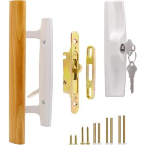 Sliding Glass Patio Door Handle Set with Key Cylinder and Mortise Lock 45 Keyway, Oak Wood Inside Handles and Zinc Diecast Outside Pull, 3-15/16" Hole Spacing, Non-Handed, White