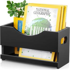DRASTAR Magazine Rack, Wood Magazine Basket, Magazine Holder for Floor Countertop, Magazine File Newspaper Storage Rack, Magazine Rack for Home Office Bathroom Decor, Black