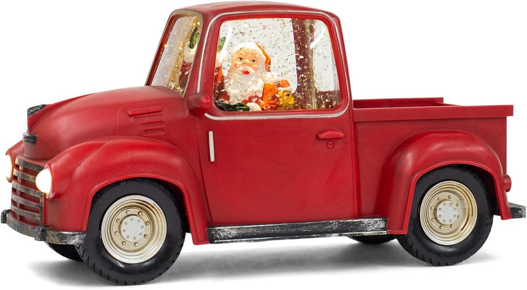 Roman, 6" H Lighted Swirl Red Truck with Santa and a Puppy, Confetti Lites, Tabletop Christmas Decoration