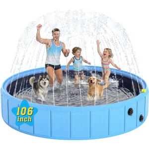 Foldable Dog Pool with Sprinkler, 106" Extra Large Non-Slip Dog Swimming Pool, 2-in-1 Outdoor Backyard Pet Bathing Tub with Drain Plug for Dogs Kids Pets Ducks