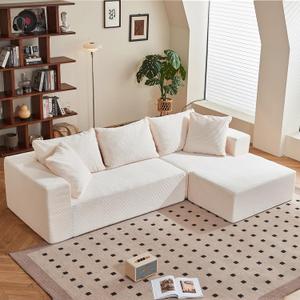 Modular Sectional Sofa, 108" L-Shaped Boneless Couch with Deep Seat, Corduroy Cloud Couch for Living Room, Bedroom, No Assembly Required, Ship in a Box, Beige (02-beige (14.4" Seat Height))