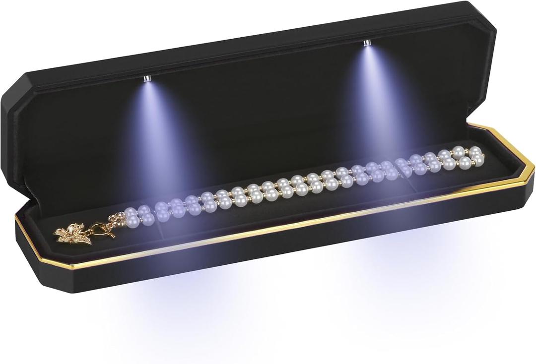 Luxury LED Necklace Long Chain Gift Box with LED Light, Velvet Jewelry Box Storage Case Organizer Holder (Black)