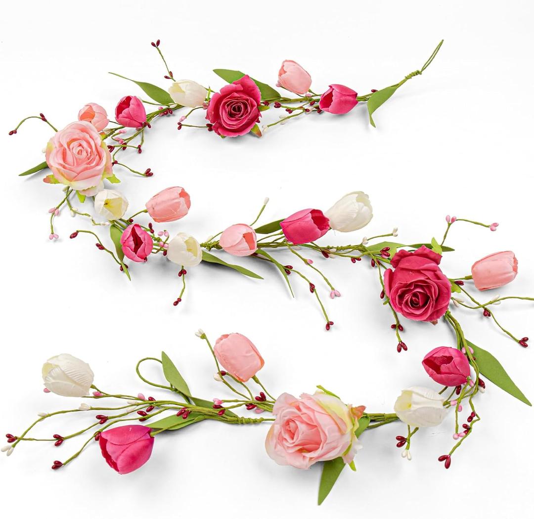 5 FT Valentines Day Decorations Romantic Valentine Flower Garland Rose Valentines Floral Garland Red White Pink Tulip Vine for Mantle Arch Stairs Railing Table Centerpiece Wedding Hanging Decorations