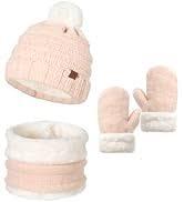 Toddler Hat Scarf And Glove Set Boy Girl Winter Pom Beanie Hat Neck Warmer Tube Mitten Gloves Ages 2-4 2t-4t 3-5 Fleece Lined