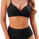 ZAFUL Women High Waisted Bikini Sets Two Piece Swimsuit Push Up Twist Front Ruched Bathing Suit (Large, Black)