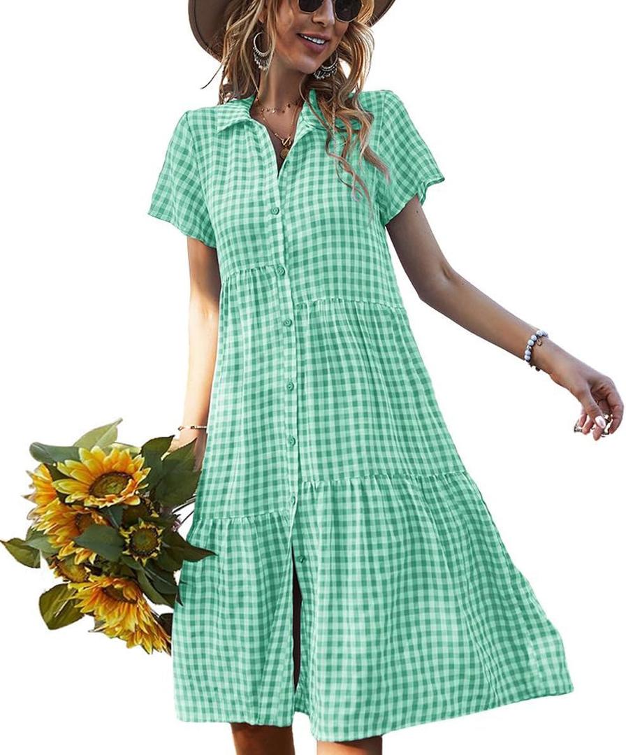 chouyatou Women's Summer Flutter Sleeve Midi Long Gingham Dress Plaid Button Down Shirt Dress (Green, XL)