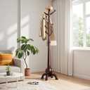 Coat Rack Freestanding with 8 Hooks, Wooden Coat Tree, Black Red