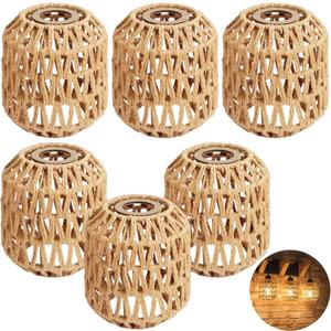 6pcs Bohemian Rattan Lamp Shades, 5.9 x 5.1 in Small Boho Handwoven Paper Rope Lamp Shade Replacement for E27 Light Fixtures,Wicker Lampshade for Bedroom,Pendant, Wall,Table & Ceiling Lamp Covers