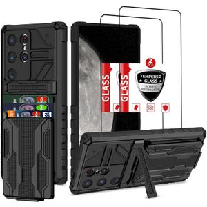 Wallet Case for Samsung Galaxy S24 Ultra with Card Holder, Military Grade Shockproof Samsung S24 Ultra Case with Tempered Glass Screen Protector [2 Pack], Built-in Phone Kickstand, Black