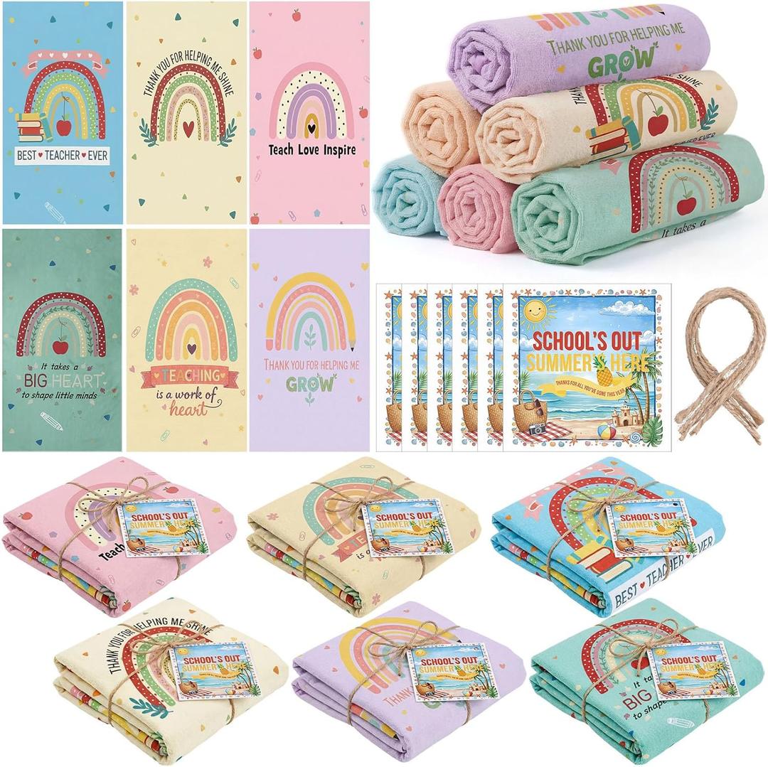 Mindsoft 12 Pcs Beach Towel Gift for Teacher Bulk Includes Teacher Appreciation Beach Towels Cards Ideal End of Year Gifts for Teachers, Summer Trip Gift for Women, and Bestie Party Favors (Rainbow)