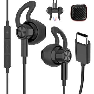 iMangoo Wired Earbuds USB C Headphones, Digital Sound DAC Chip Corded Type C Earphones with Clear Call Microphone Anti-Fall Ear Buds Tips for Google Pixel 10 for iPhone 17 Air School Home Office Black