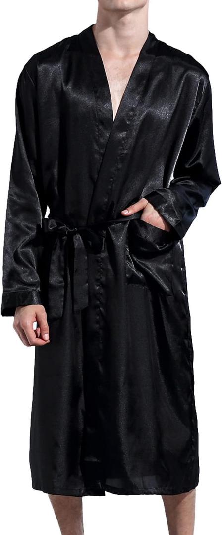 Previn Men's Satin Kimono Robe Long Spa Bathrobes Luxurious Silk Long Sleeve Loungewear (XX-Large, Black)