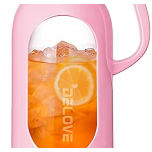 Delove 68 oz/2 Liter Glass Pitcher with Shatterproof Shell - Heat Resistant Glass Liner - Stainless Steel Lid - Carafe & Jug for Iced Tea,Hot/Cold Water,Homemade Juice Beverages (Pink)