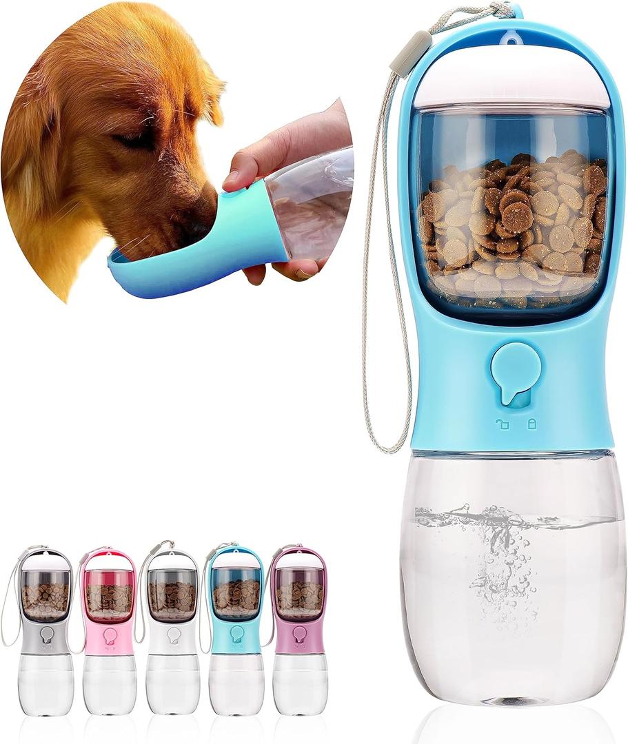 Dog Water Bottle, Portable Pet Water Bottle with Food Container, Outdoor Portable Water Dispenser for Cat, Puppy, Pets for Walking, Hiking, Travel, Puppy Essentials, Dog Stuff(10oz) (Blue)