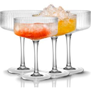 Qipecedm 4 Pcs Ribbed Coupe Glasses, 10 oz Vintage Coupe Glass Set, Unique Martini Glass, Classic Cocktail Glassware, Bar Drinking Glasses Set Perfect for Cocktail, Wine, Champagne & Gift