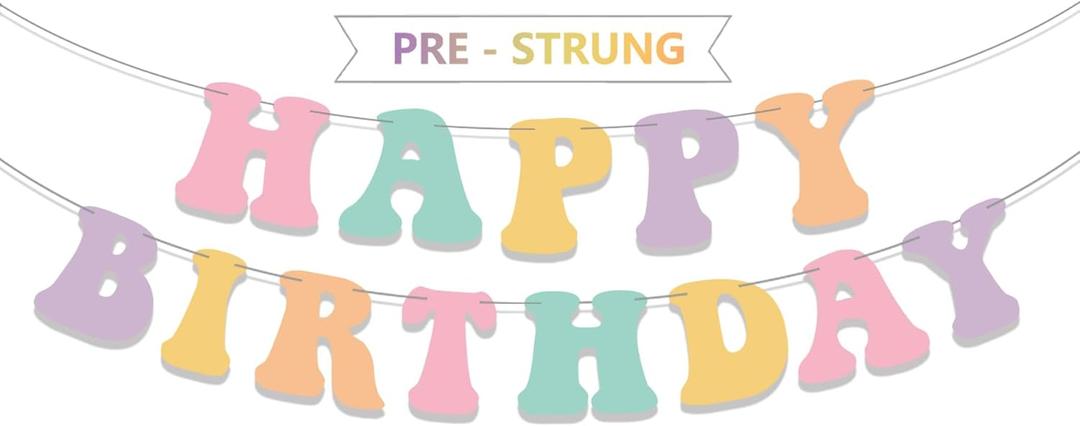 Pre-Strung Pastel Happy Birthday Banner, Girls Toddler Birthday Party Decorations, Cute Groovy Birthday Decor Macaron Rainbow