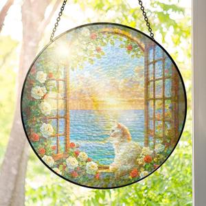 FLAGWIX Cat Gifts for Women - Stained Glass Window Hanging 10 in - Cat Lady Gifts for Women Mom Grandma Pet Lovers, Suncatchers for Windows Hanging Coastal Decor, Suncatcher Decorations for Home