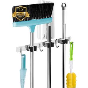 3 Racks and 4 Hooks Broom and Mop Holder Wall Mounted Garage Organizer Storage Tool Racks Stainless Steel Heavy Duty Hooks Self Adhesive Solid Non-slip Wall Hangers for Home Kitchen Garden Laundry