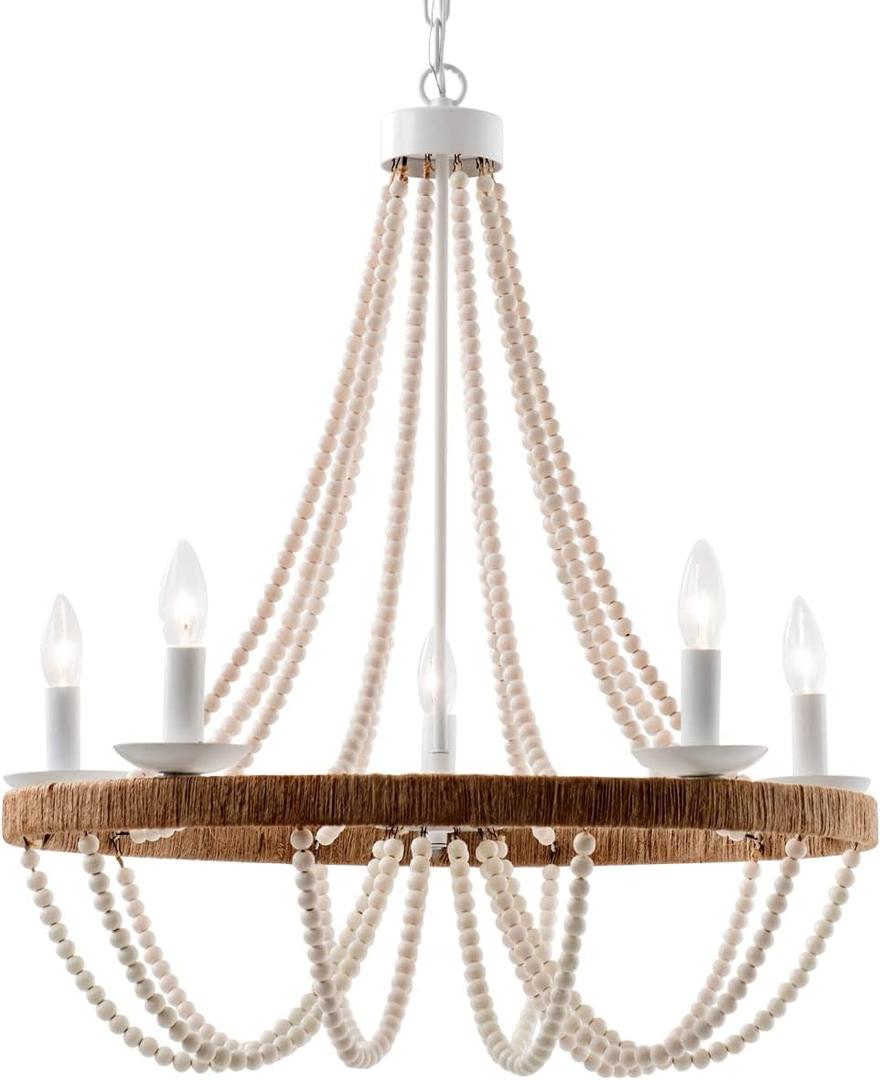 Wood Beaded Chandelier 5 Lights Boho Candle French Country Farmhouse Chandelier Bohemia Pendant Light for Living Room Dining Room Kitchen Foyer, Distressed White, Dia 26