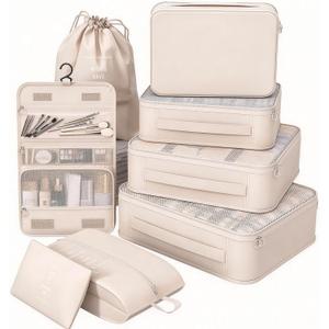 1 Set Packing Cubes for Travel,Suitcase Organizer Bags for Luggage with Shoe & Hanging Toiletry Bag, Vacation Essentials & Accessories for Cruise Ship, Airplane Must-Have,Road Trip & Camp Gifts(Cream)
