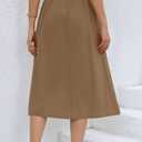 CHARTOU Women's Summer Linen Elastic Back Buttoned Swing Midi A Line Skirt (Brown, M)