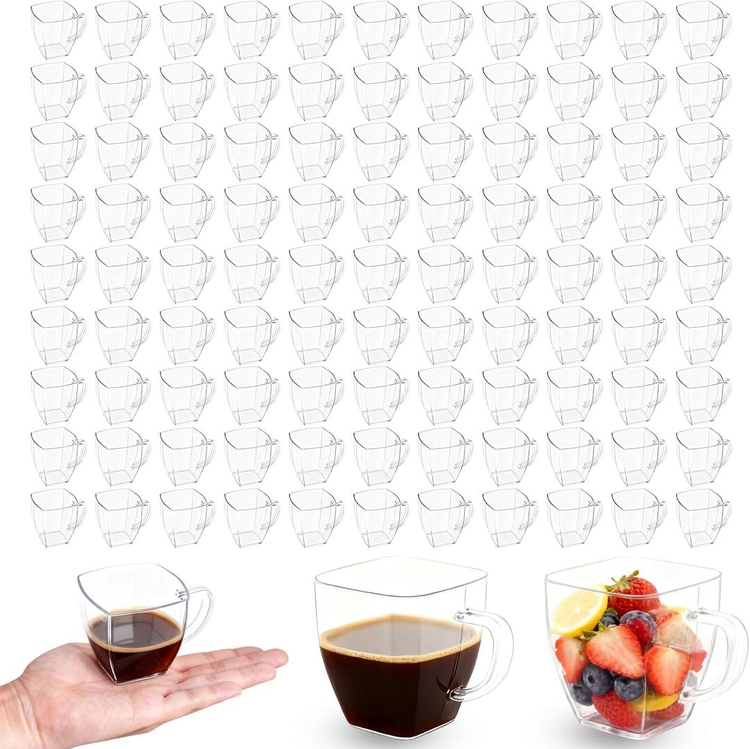 110 Pcs Disposable Tea Cups with Handle Bulk Hard Plastic Coffee Mug Square Espresso Mug Transparent Mini Tea Cup for Catering Party