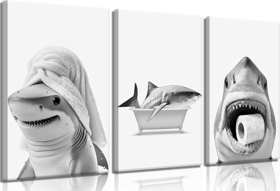 3pcs Black And White Shark Bathroom Canvas wall art Funny ocean Animal bathtub Paintings Pictures Wall Decor Modern Poster Printing Artwork for Restroom Toilet Home Decoration, Canvas, 16x24in 
