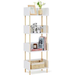 SUNTAGE White Wooden Open Bookcase, Modern Freestanding Bookshelf w/Side Panels, Edge Protection & Solid Wood Frame, Wood Storage Shelves Display Stand for Bedroom, Living Room & Home Office (4 Tier)