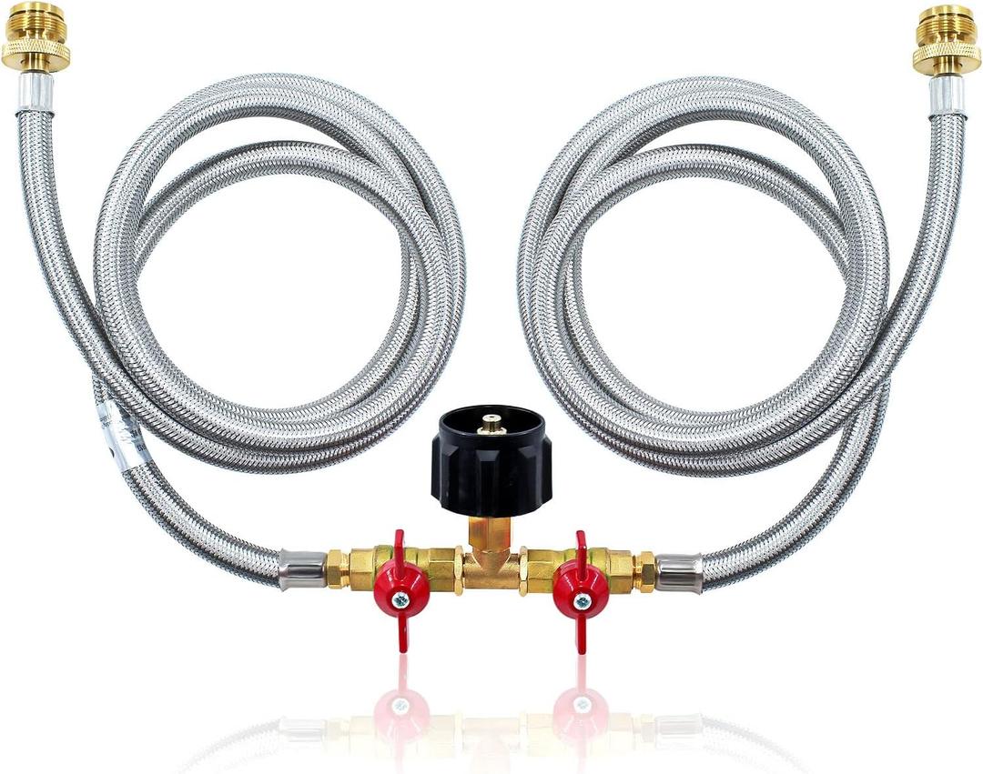 MENSI Upgrade 5 Feet 2 Way Y Splitter CGA Propane Tank Converter Adapter Braided Stainless Hose Assembly Replacement for QCC1 / Type1 20lbs Gas Tank for Camping Grill Stove