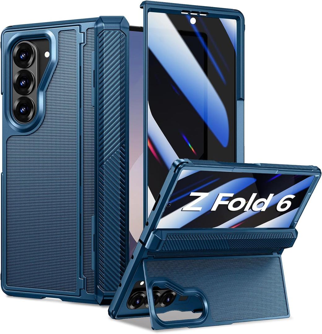 Goton for Samsung Galaxy Z Fold 6 Case with Privacy Screen Protector, Kickstand & Hinge Protection Rugged Hard 360 Full Body Protective Phone Cover Case for Z Fold 6 5G 2024 - Blue