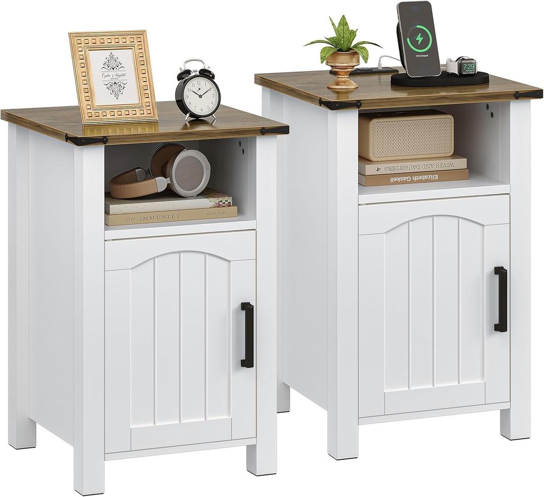 Farmhouse Nightstand with Charging Station, Set of 2 End Table with USB/Type-C Ports, Rustic Bedside Table with Large Storage and Open Shelf, Modern Side Table for Bedroom, Pure White + Walnut, 2 Pack