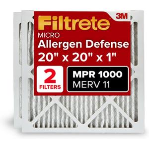 Filtrete 20x20x1 AC Furnace Air Filter, MERV 11, MPR 1000, Micro Allergen Defense, 3-Month Pleated 1-Inch Electrostatic Air Cleaning Filter, 2 Pack (Actual Size 19.719 x 19.719 x 0.84 in) (20 x 20 x 1)