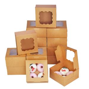 Bakepacker 100pcs Kraft Cookie Boxes 6x6x3 inches Easy Assemble Macaroon Pastry Boxes Bakery Boxes with Window for Bakery (Brown)