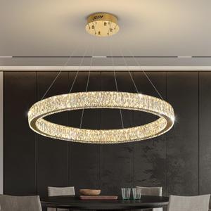 Modern LED Dimmable Crystal Chandelier 39.4" Ring Pendant Light Adjustable Gold Round Crystal Chandelier Light Fixtures for Dining Room Living Room
