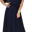 KOH KOH Womens Long Semi-Formal Short Sleeve V-Neck Full Floor Length V-Neck Flowy Cocktail Wedding Guest Party Bridesmaid Maxi Dress Dresses Gown Gowns, Dark Navy Blue XL 14-16