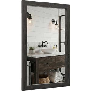 24"x36" Black Bathroom Mirror for Wall, Rustic Charred Wood Texture Vanity Mirror, Industrial Farmhouse Decor Mirror for Over Sink & Living Room, Horizontal/Vertical