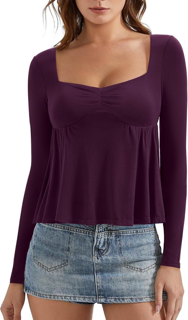 OMKAGI Cute Peplum Babydoll Tops for Women Going Out Double Layer Long Sleeve Shirts (Purple, M)