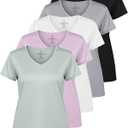 Real Essentials 5 Pack: Women's Dry-Fit Short Sleeve V Neck T Shirt Workout Fitness Yoga Top Tee  (Medium)