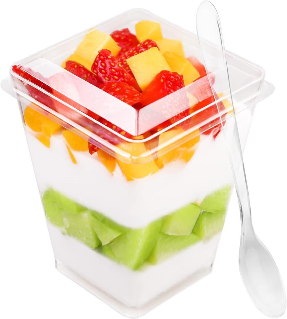 50 Pack 5 oz Plastic Dessert Cups With Lids and Spoons, Yogurt Parfait Appetizer Cups for Party, Mini Dessert Shooters for Pudding and Fruit