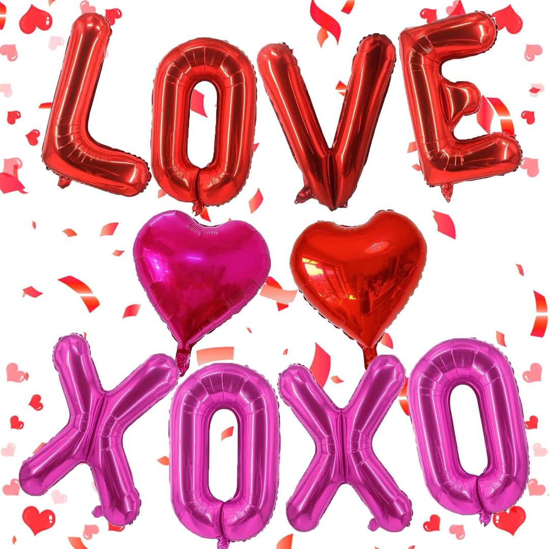 16 Inch Pink XOXO Balloons and LOVE Balloon, Foil Mylar Heart Balloon for Him/Her Valentine, Wedding Anniversary, Engagement Romantic Decorations (3)