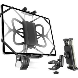 Bike Tablet Phone Holder with Silicone Security Band, Metal Arm 360° Rotation Tablet Handlebar Mount for Stationary Bicycle, Treadmill Fits iPad Pro/Air/Mini, Smartphones, 4-13'' Devices