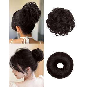 2PCS Messy Bun Hair Piece-Large Wavy Curly & Donut Updo Hair Pieces Set, Scrunchies Synthetic Chignon Ponytail Extensions Thick Updo for Women(Dark Brown)