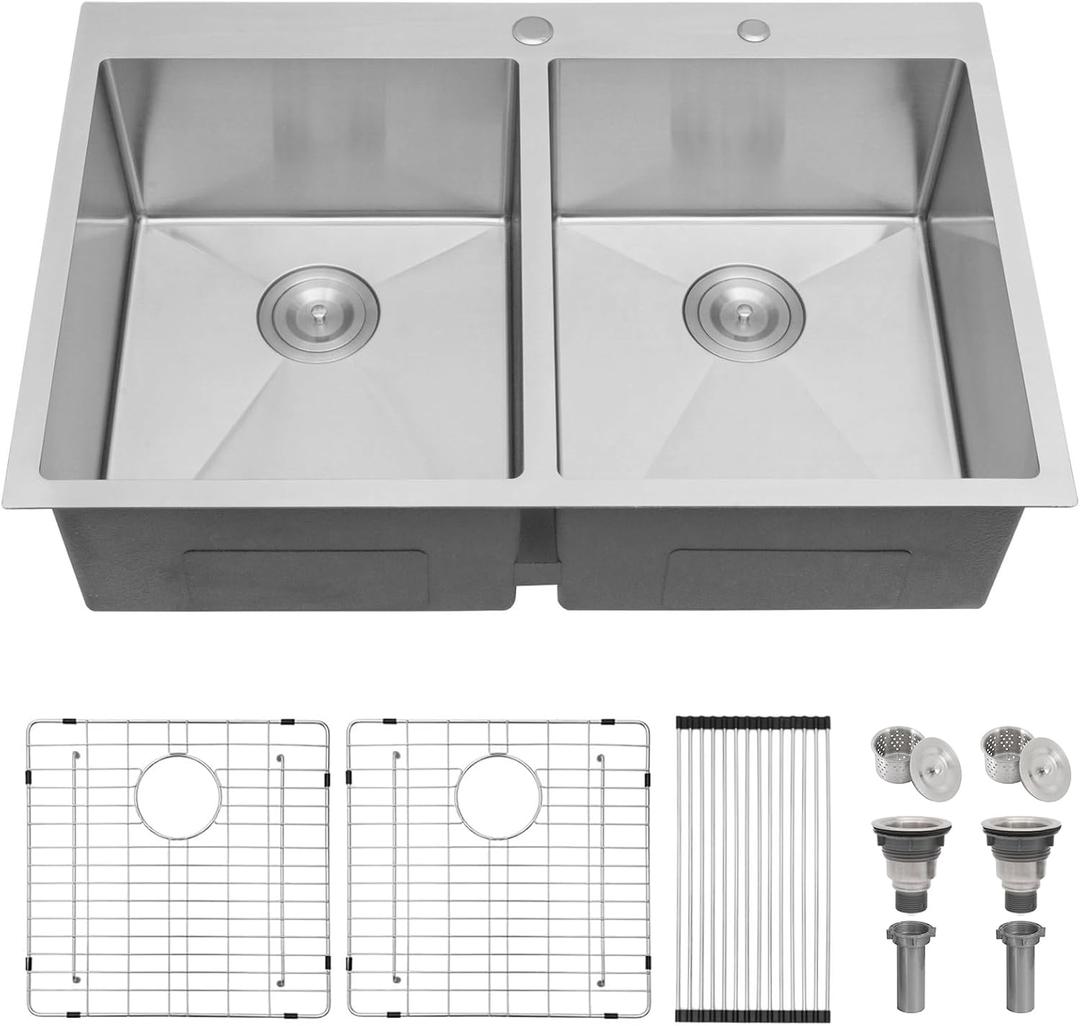 SHACO 33x22 Inch 50/50 Double Bowl Drop In Kitchen Sink 16 Gauge 33 Inch Stainless Steel Kitchen Sink Top Mount with Grid and Accessories