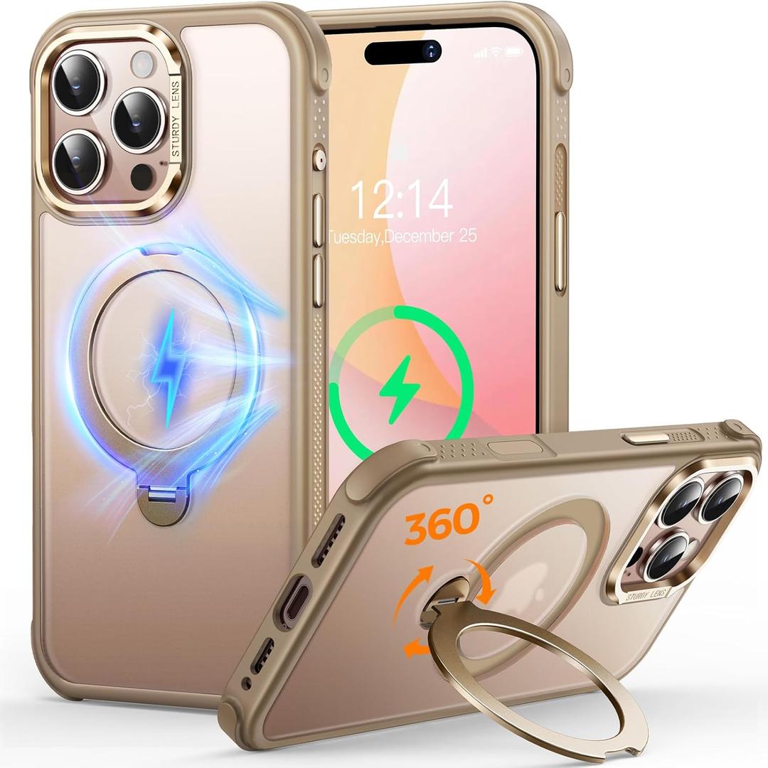 O3 Mag-Stand Designed for iPhone 16 Pro Max Case with 360 Spin Stand, [Compatible with MagSafe][Super Skin Feeling] Translucent Matte Magnetic Slim Phone Case 6.9 inch, Desert Gold