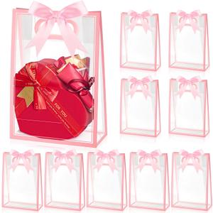 Ohuimrt 12 Pack Clear Plastic Gift Bags with Handles, Reusable Party Favor Bags with Ribbon for Birthday, Wedding, Bachelorette Party, 10.2 x 7.1 x 3.1 Inch (Pink)